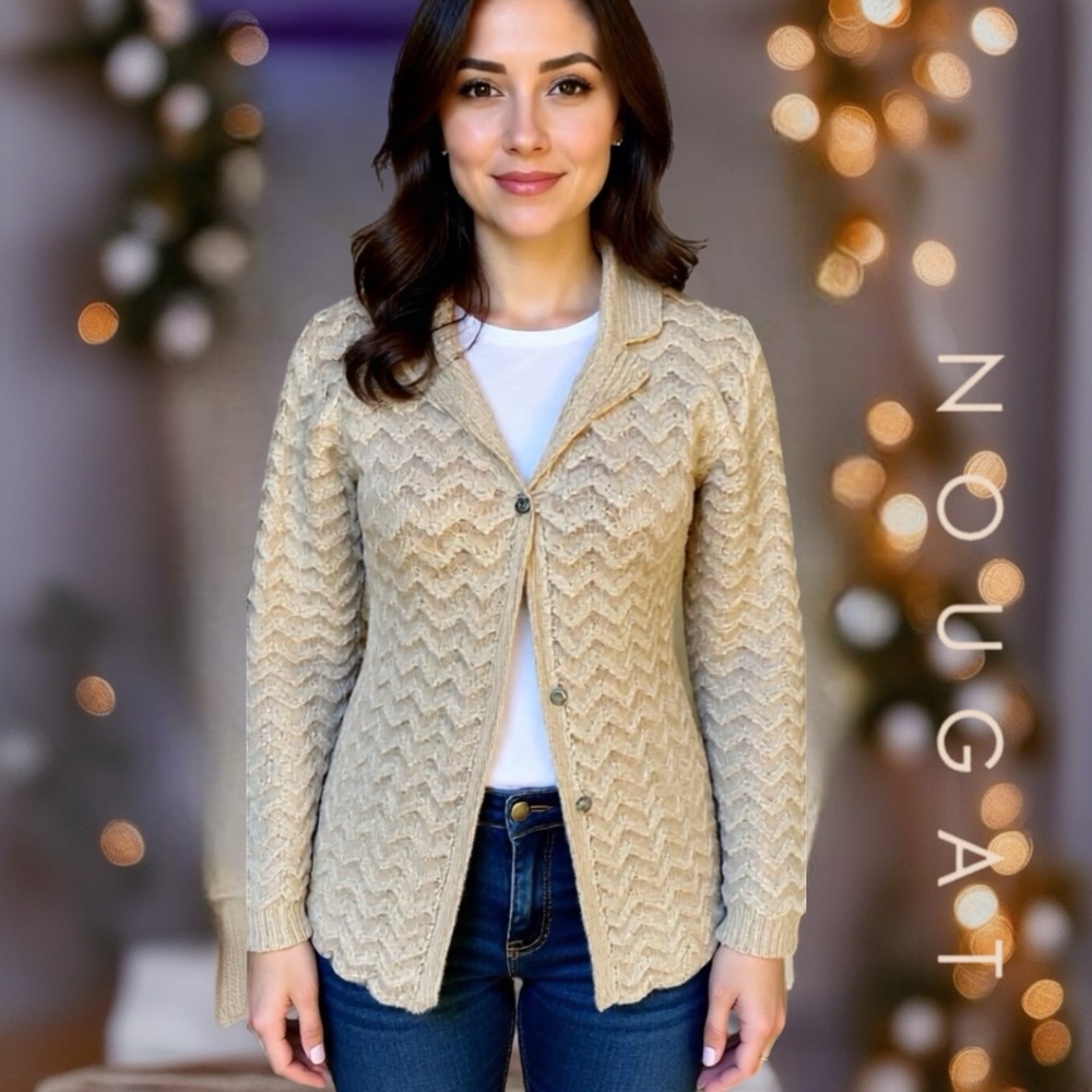 100%Wool Women's Beige Zigzag Cardigan